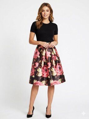 *Chelsea Mid Length A-Line Floral Pink Black Rose Print Pleated Skirt -Small